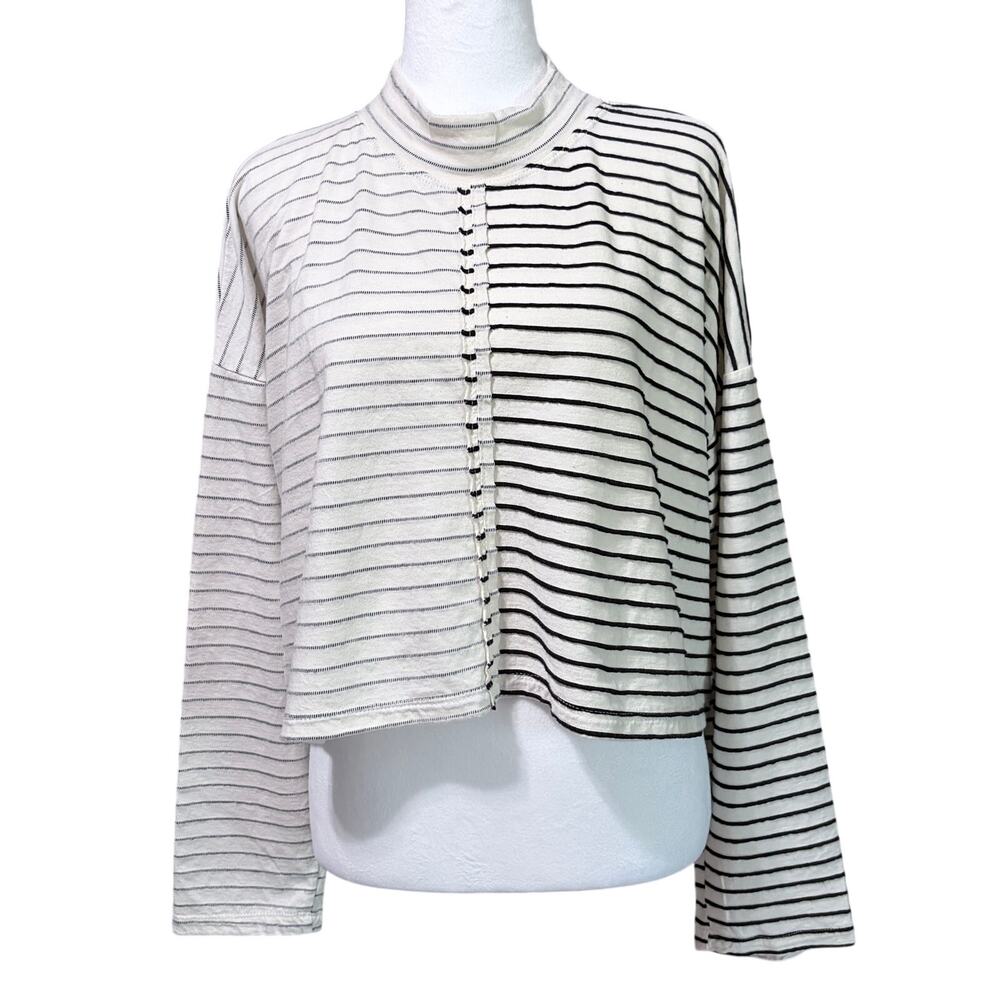 By Together Striped Mock Neck Long Sleeve Crop Top White Black Size L